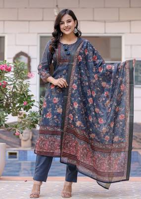 Navy blue digital print flora chanderi kurta pant set with dupatta (set of 3) 1