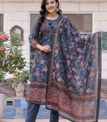 Navy blue digital print flora chanderi kurta pant set with dupatta (set of 3)