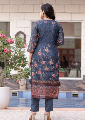 Navy blue digital print flora chanderi kurta pant set with dupatta (set of 3) 2