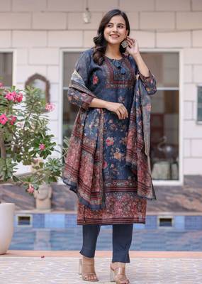 Navy blue digital print flora chanderi kurta pant set with dupatta (set of 3) 3
