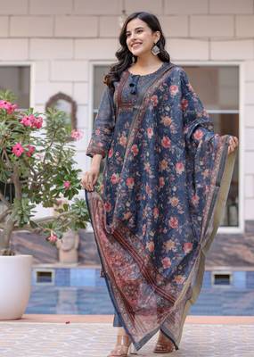 Navy blue digital print flora chanderi kurta pant set with dupatta (set of 3) 4