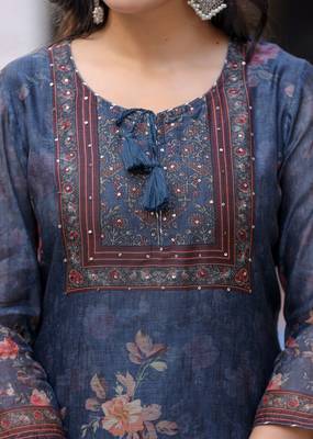 Navy blue digital print flora chanderi kurta pant set with dupatta (set of 3) 5