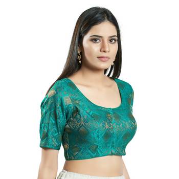 SALWAR STUDIO Women's Green Brocade Saree Blouse 3