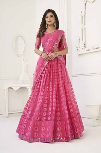 BRIGHT PINK COLOR NET FABRIC LAHENGA  WITH SEQUINS AND THREAD EMBROIDERY WORK 