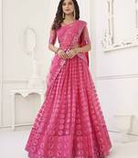 BRIGHT PINK NET FABRIC LAHENGA  WITH SEQUINS AND THREAD EMBROIDERY WORK 