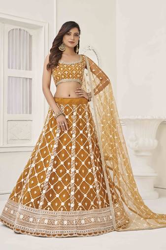 BROWN COLOR NET FABRIC LAHENGA  WITH SEQUINS AND THREAD EMBROIDERY WORK 