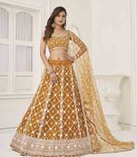 BROWN NET FABRIC LAHENGA  WITH SEQUINS AND THREAD EMBROIDERY WORK