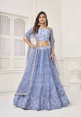NEON BLUE NET FABRIC LAHENGA WITH SEQUINS AND THREAD EMBROIDERY WORK  1