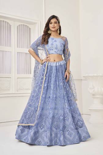 NEON BLUE NET FABRIC LAHENGA WITH SEQUINS AND THREAD EMBROIDERY WORK 