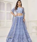 NEON BLUE NET FABRIC LAHENGA WITH SEQUINS AND THREAD EMBROIDERY WORK 