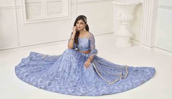 NEON BLUE NET FABRIC LAHENGA WITH SEQUINS AND THREAD EMBROIDERY WORK  3