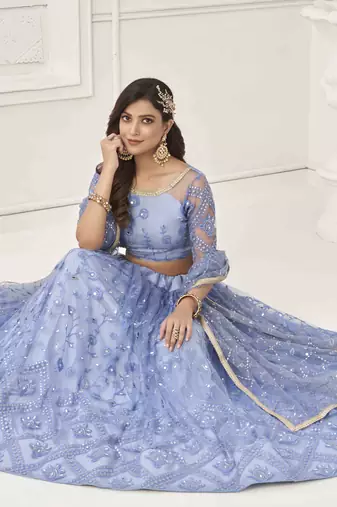 NEON BLUE NET FABRIC LAHENGA WITH SEQUINS AND THREAD EMBROIDERY WORK 