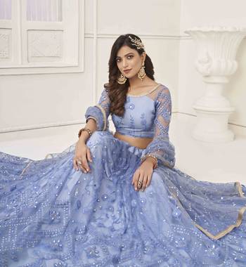 NEON BLUE NET FABRIC LAHENGA WITH SEQUINS AND THREAD EMBROIDERY WORK  4