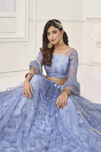 NEON BLUE NET FABRIC LAHENGA WITH SEQUINS AND THREAD EMBROIDERY WORK 