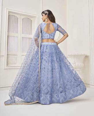 NEON BLUE NET FABRIC LAHENGA WITH SEQUINS AND THREAD EMBROIDERY WORK  5