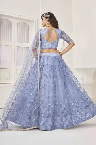 NEON BLUE NET FABRIC LAHENGA WITH SEQUINS AND THREAD EMBROIDERY WORK 