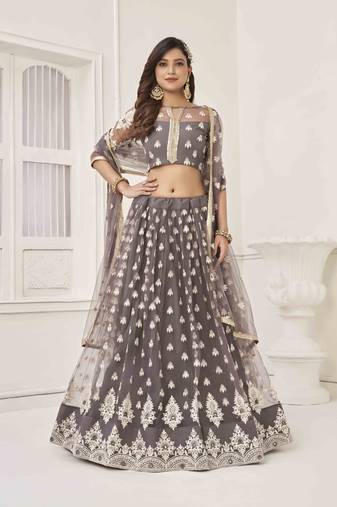 SPACE GREY COLOR NET FABRIC LAHENGA WITH SEQUINS AND THREAD EMBROIDERY WORK 