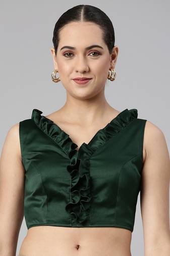 Flaher Women Solid Satin Padded Saree Blouse With Ruffles Detail