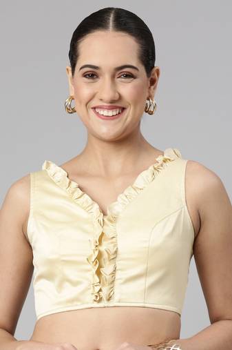 Flaher Women Solid Satin Padded Saree Blouse With Ruffles Details