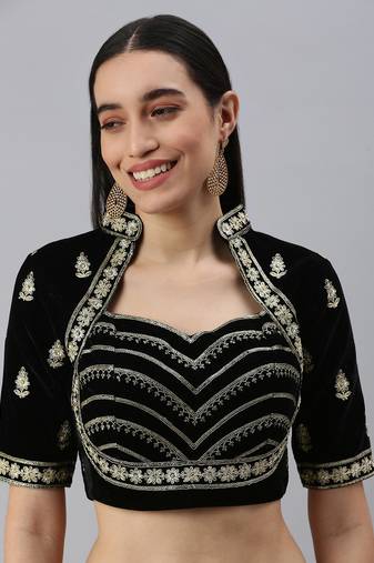 Flaher Women Black Embroidered Velvet Padded Saree Blouse