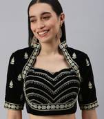 Flaher Women Black Embroidered Velvet Padded Saree Blouse