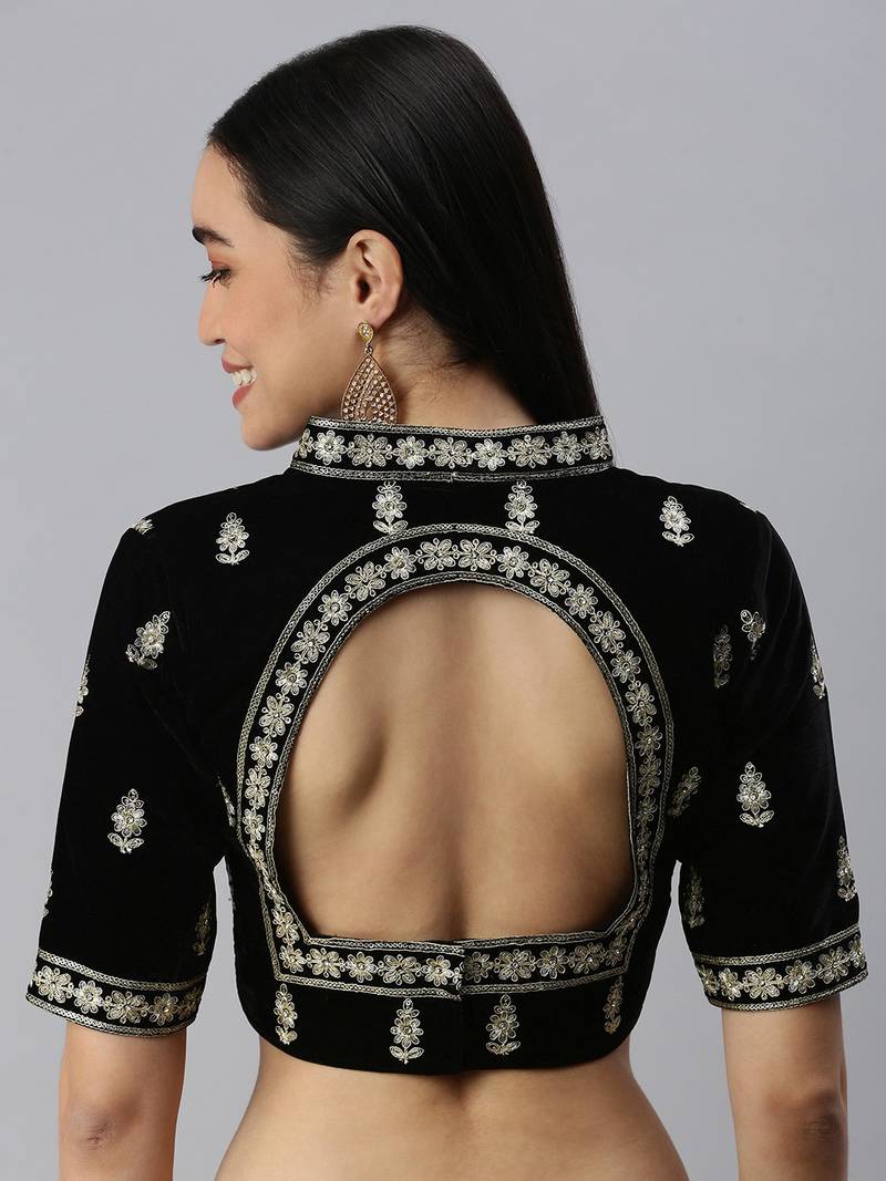 Flaher Women Black Embroidered Velvet Padded Saree Blouse