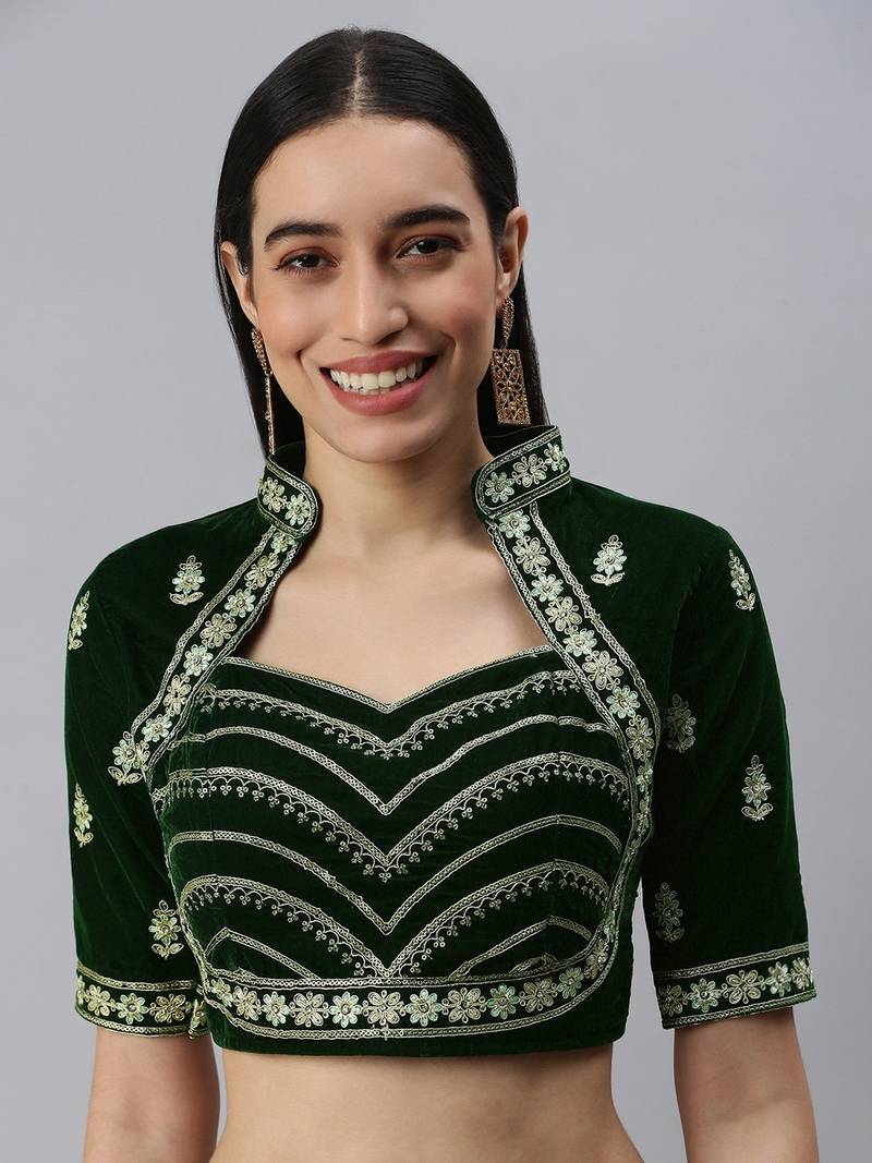 Flaher Women Green Embroidered Velvet Padded Saree Blouse