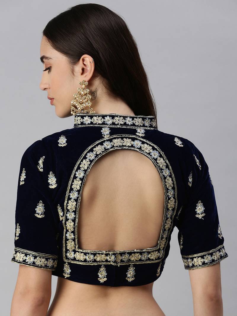 Flaher Women Embroidered Velvet Ready To Wear Padded Saree Blouse