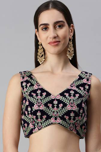 Flaher Women Embroidered Velvet Ready To Wear Padded Saree Blouse
