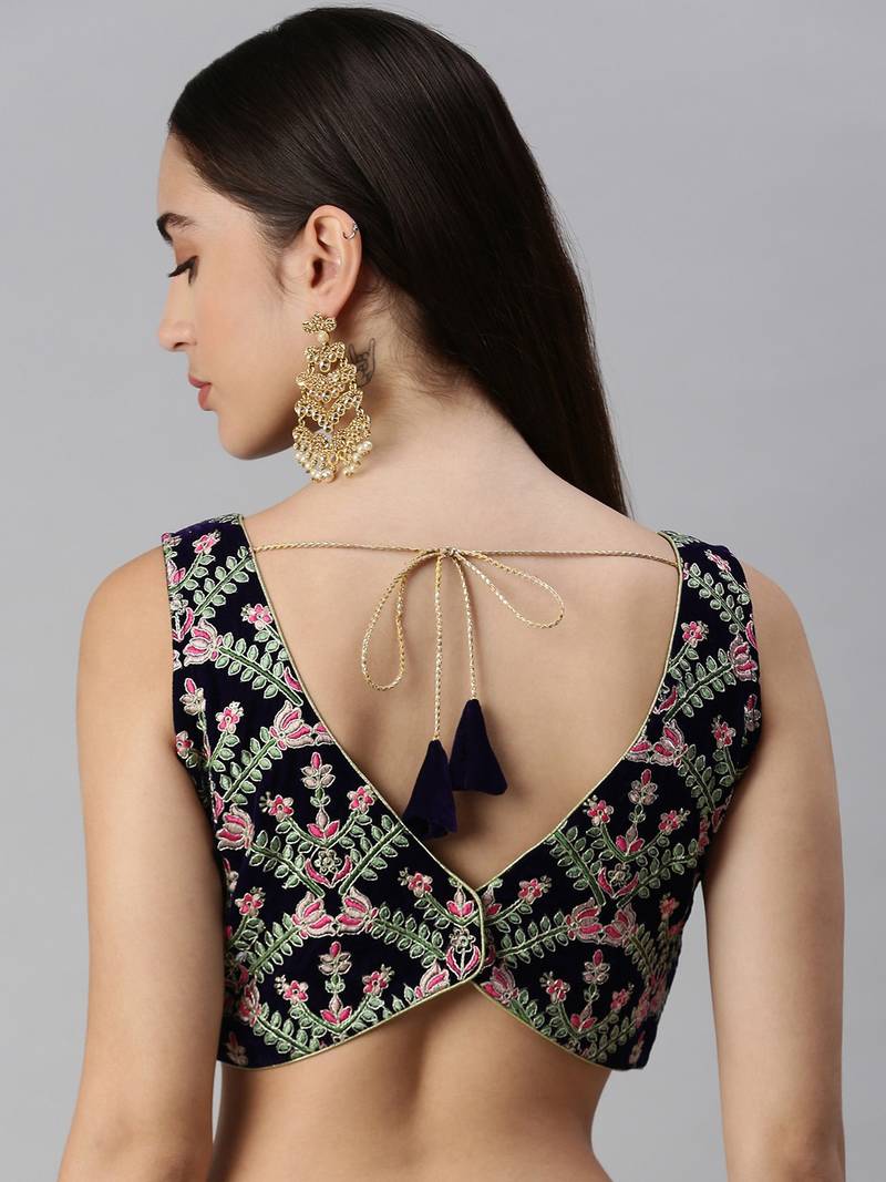 Flaher Women Embroidered Velvet Ready To Wear Padded Saree Blouse