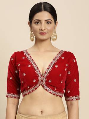 Flaher Women Maroon  Gold-Toned Embroidered Velvet Padded Blouse 1