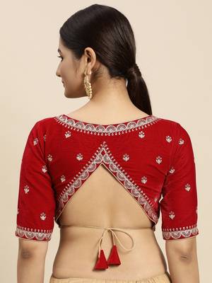 Flaher Women Maroon  Gold-Toned Embroidered Velvet Padded Blouse 2