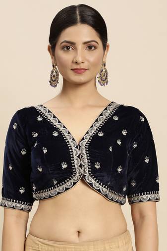 Flaher Women Navy Blue  Gold-Toned Embroidered Velvet Padded Blouse