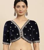 Flaher Women Navy Blue  Gold-Toned Embroidered Velvet Padded Blouse