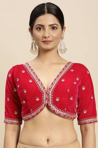 Flaher Women Red  Gold-Toned Embroidered Velvet Padded Blouse