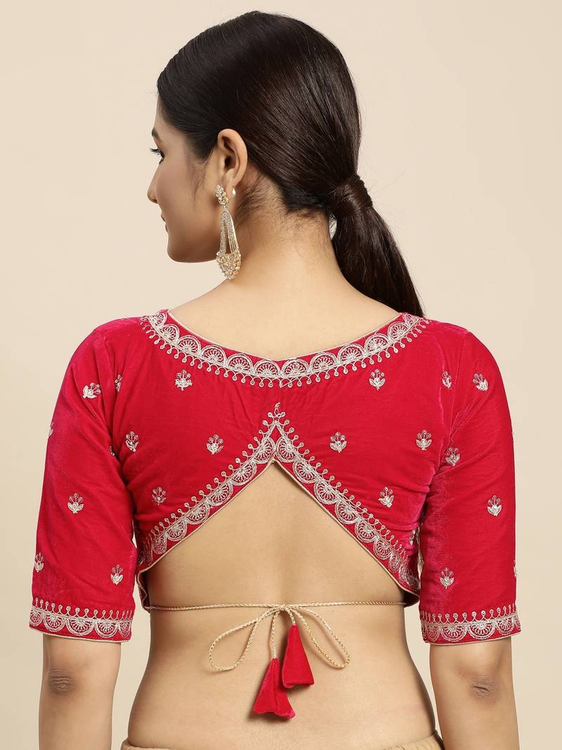 Flaher Women Red  Gold-Toned Embroidered Velvet Padded Blouse
