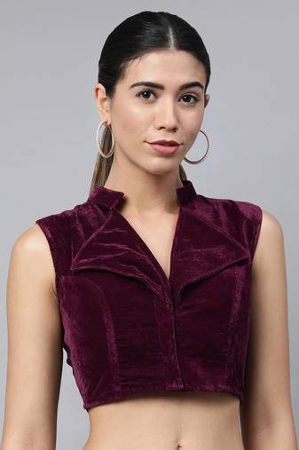 Women Wine Velvet Readymade Padded Blouse