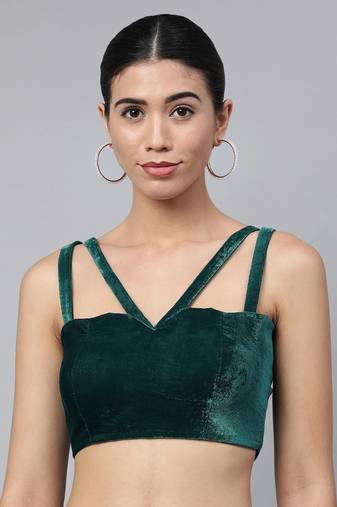 Women Teal Velvet Readymade Padded Blouse