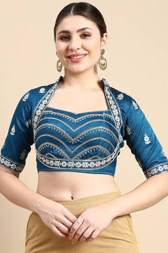 Flaher Embroidered Silk Readymade Padded Saree Blouse