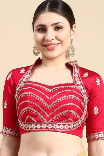 Women Embroidered Silk Sweetheart Neck Padded Readymade Blouse