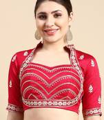 Women Embroidered Silk Sweetheart Neck Padded Readymade Blouse