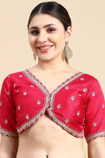 Flaher Women Embroidered Silk Padded Readymade Blouse