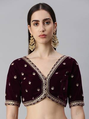 Flaher Women Embroidered Velvet Ready To Wear Padded Saree Blouse 1