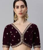 Flaher Women Embroidered Velvet Ready To Wear Padded Saree Blouse