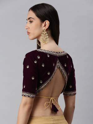 Flaher Women Embroidered Velvet Ready To Wear Padded Saree Blouse 2