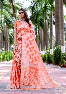  Orange Cotton Silk Blend Sarees With Blouse 1