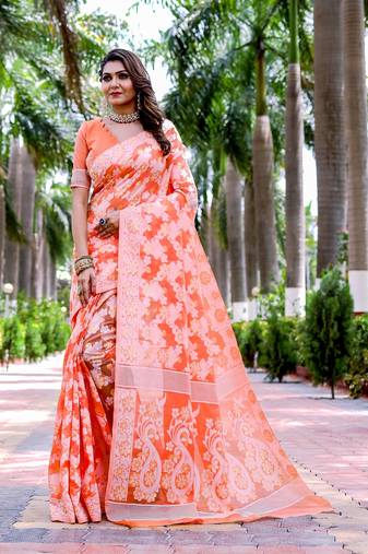  Orange Cotton Silk Blend Sarees With Blouse