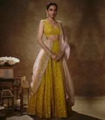 Yellow Georgette Thread Embroidered A Line Lehenga Choli for Women