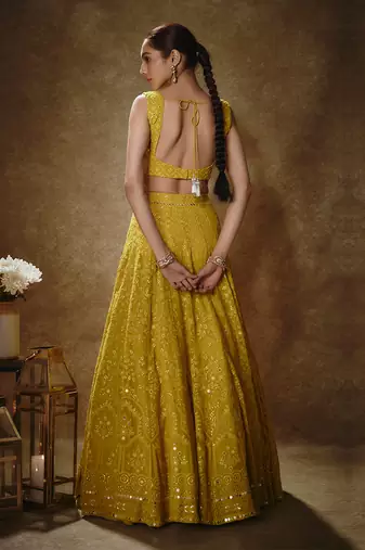 Yellow Georgette Thread Embroidered A Line Lehenga Choli for Women