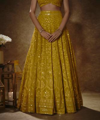 Yellow Georgette Thread Embroidered A Line Lehenga Choli for Women 3